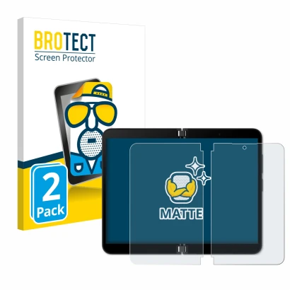 Face avant d’un emballage produit avec le logo de la marque BROTECT. À côté, l’appareil Microsoft Surface Duo 2 (Affichage int