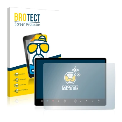 Face avant d’un emballage produit avec le logo de la marque BROTECT. À côté, l’appareil Tesla Model Y Infotainment System 15.4