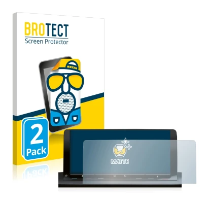 Face avant d’un emballage produit avec le logo de la marque BROTECT. À côté, l’appareil Volkswagen Caddy 5 Discover Media 10" 