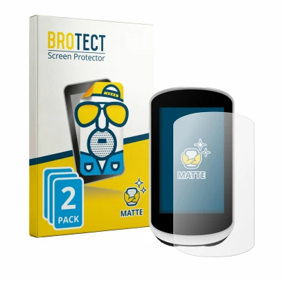 Face avant d’un emballage produit avec le logo de la marque BROTECT. À côté, l’appareil Garmin Edge Explore 2 est représenté a