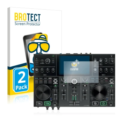 Face avant d’un emballage produit avec le logo de la marque BROTECT. À côté, l’appareil Denon DJ Prime Go est représenté avec
