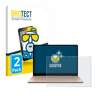 Face avant d’un emballage produit avec le logo de la marque BROTECT. À côté, l’appareil Microsoft Surface Laptop Go 2 Business