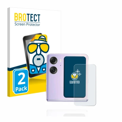 Face avant d’un emballage produit avec le logo de la marque BROTECT. À côté, l’appareil Oppo Find N2 Flip (Affichage arrière) 