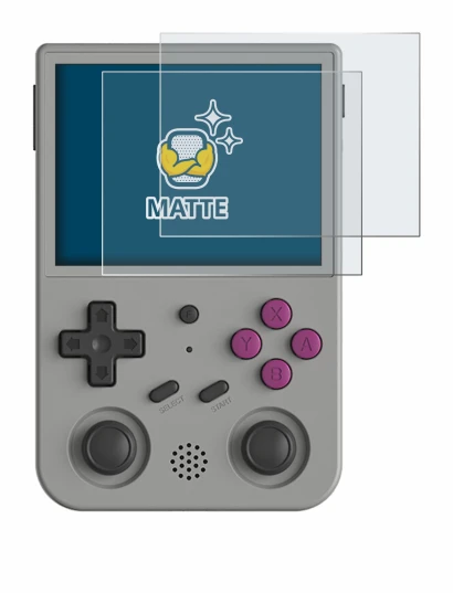 Image de l'appareil Anbernic RG353V avec une grande variété de protections d'écran.
