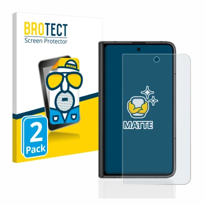 Face avant d’un emballage produit avec le logo de la marque BROTECT. À côté, l’appareil Google Pixel Fold (Affichage externe)
