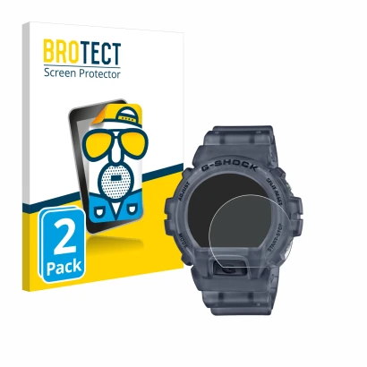 Face avant d’un emballage produit avec le logo de la marque BROTECT. À côté, l’appareil Casio G-Shock DW-6900 est représenté a