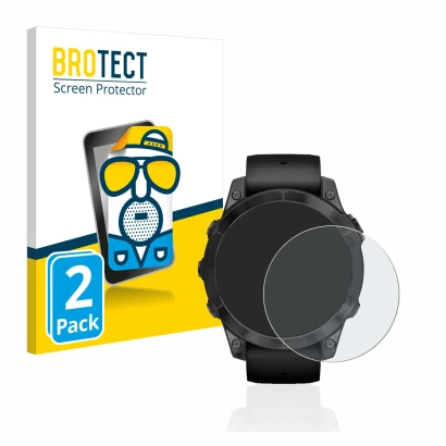 Face avant d’un emballage produit avec le logo de la marque BROTECT. À côté, l’appareil Garmin Epix Pro (Gen 2) (47 mm) est re