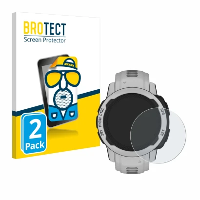 Face avant d’un emballage produit avec le logo de la marque BROTECT. À côté, l’appareil Garmin Instinct 2S Solar (40 mm) est r