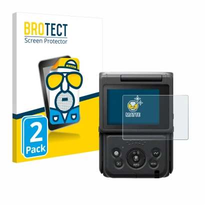 Face avant d’un emballage produit avec le logo de la marque BROTECT. À côté, l’appareil Canon PowerShot V10 Vlog Camera est re