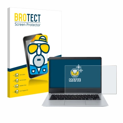Face avant d’un emballage produit avec le logo de la marque BROTECT. À côté, l’appareil Acer Chromebook Spin 314 CB314-2HT est