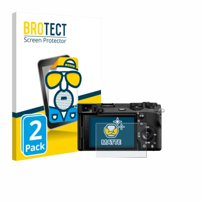 Face avant d’un emballage produit avec le logo de la marque BROTECT. À côté, l’appareil Sony Alpha 6700 est représenté avec la