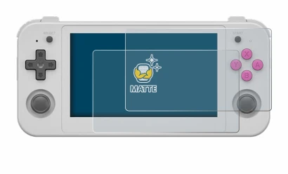 Image de l'appareil Anbernic RG505 avec une grande variété de protections d'écran.