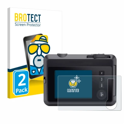 Face avant d’un emballage produit avec le logo de la marque BROTECT. À côté, l’appareil Leica SOFORT 2 est représenté avec la