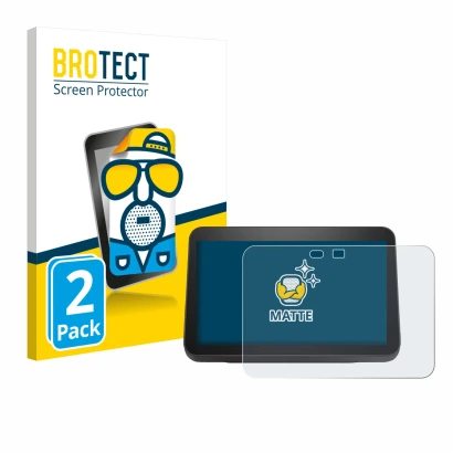 Face avant d’un emballage produit avec le logo de la marque BROTECT. À côté, l’appareil Amazon Echo Show 8 2023 (3ème Gen.) es