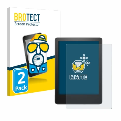 Face avant d’un emballage produit avec le logo de la marque BROTECT. À côté, l’appareil Amazon Kindle Paperwhite 2023 (11ème G