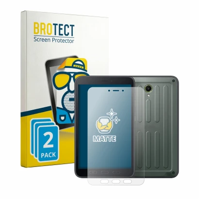 Face avant d’un emballage produit avec le logo de la marque BROTECT. À côté, l’appareil Samsung Galaxy Tab Active 5 (portrait)