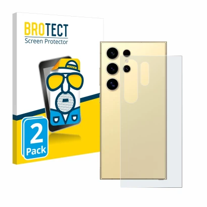 Face avant d’un emballage produit avec le logo de la marque BROTECT. À côté, l’appareil Samsung Galaxy S24 Ultra (Arrière) est