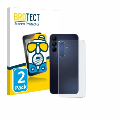 Face avant d’un emballage produit avec le logo de la marque BROTECT. À côté, l’appareil Samsung Galaxy A15 5G (Arrière) est re