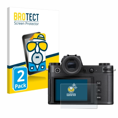 Face avant d’un emballage produit avec le logo de la marque BROTECT. À côté, l’appareil Leica SL3 est représenté avec la prote