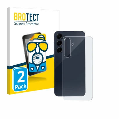 Face avant d’un emballage produit avec le logo de la marque BROTECT. À côté, l’appareil Samsung Galaxy A55 5G (Arrière) est re