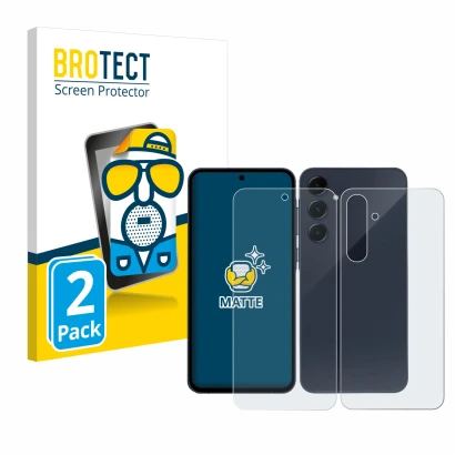 Face avant d’un emballage produit avec le logo de la marque BROTECT. À côté, l’appareil Samsung Galaxy A35 5G (Avant+Arrière) 