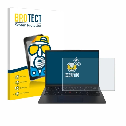 Face avant d’un emballage produit avec le logo de la marque BROTECT. À côté, l’appareil Lenovo ThinkPad X1 Carbon Gen 12 14