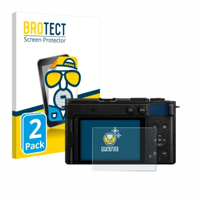 Face avant d’un emballage produit avec le logo de la marque BROTECT. À côté, l’appareil Panasonic Lumix DC-S9 est représenté a