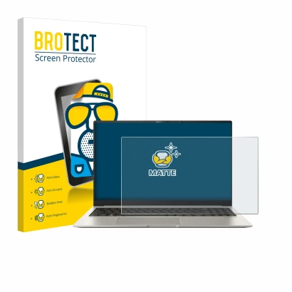 Face avant d’un emballage produit avec le logo de la marque BROTECT. À côté, l’appareil ASUS ZenBook 15 OLED UM3504 est représ