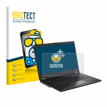 Face avant d’un emballage produit avec le logo de la marque BROTECT. À côté, l’appareil Fujitsu Lifebook U7410 est représenté