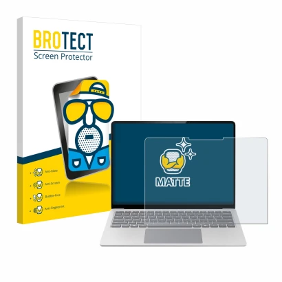 Face avant d’un emballage produit avec le logo de la marque BROTECT. À côté, l’appareil Microsoft Surface Laptop 7 13.8" est r