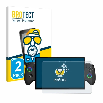 Face avant d’un emballage produit avec le logo de la marque BROTECT. À côté, l’appareil OneXPlayer X1 est représenté avec la p