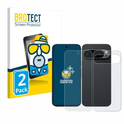 Face avant d’un emballage produit avec le logo de la marque BROTECT. À côté, l’appareil Google Pixel 9 Pro XL (Avant+Arrière) 