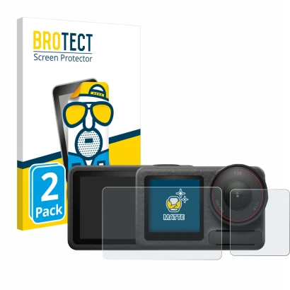 Face avant d’un emballage produit avec le logo de la marque BROTECT. À côté, l’appareil DJI Osmo Action 5 Pro (case-friendly)