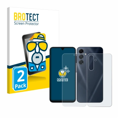 Face avant d’un emballage produit avec le logo de la marque BROTECT. À côté, l’appareil Samsung Galaxy A16 5G (Avant+Arrière)