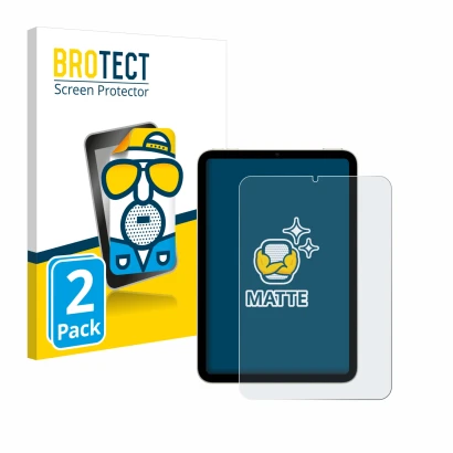 Face avant d’un emballage produit avec le logo de la marque BROTECT. À côté, l’appareil Apple iPad Mini 7 WiFi 2024 est représ