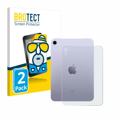 Face avant d’un emballage produit avec le logo de la marque BROTECT. À côté, l’appareil Apple iPad Mini 7 WiFi 2024 (Arrière) 