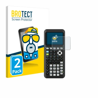 Face avant d’un emballage produit avec le logo de la marque BROTECT. À côté, l’appareil Texas Instruments TI-84 Plus CE-T Pyth