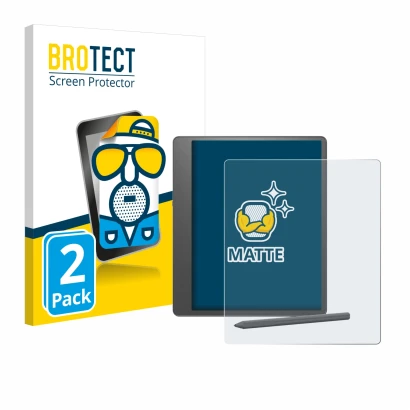 Face avant d’un emballage produit avec le logo de la marque BROTECT. À côté, l’appareil Amazon Kindle Scribe 2024 est représen