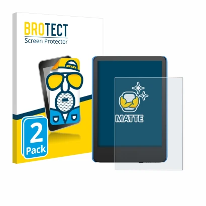 Face avant d’un emballage produit avec le logo de la marque BROTECT. À côté, l’appareil Amazon Kindle Kids (2024) est représen