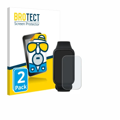 Face avant d’un emballage produit avec le logo de la marque BROTECT. À côté, l’appareil Xiaomi Smart Band 9 Active est représe