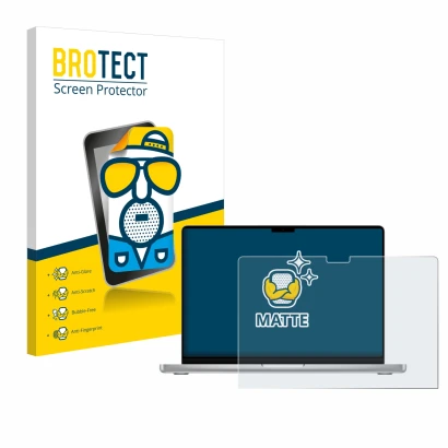 Face avant d’un emballage produit avec le logo de la marque BROTECT. À côté, l’appareil Apple MacBook Pro 14