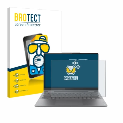 Face avant d’un emballage produit avec le logo de la marque BROTECT. À côté, l’appareil Lenovo Yoga 7i 2-in-1 Gen 10 14" est r