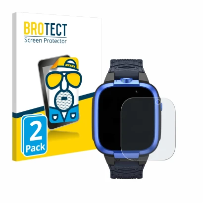 Face avant d’un emballage produit avec le logo de la marque BROTECT. À côté, l’appareil Xiaomi Mibro Kids Z3 est représenté av