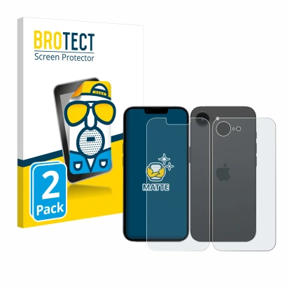 Face avant d’un emballage produit avec le logo de la marque BROTECT. À côté, l’appareil Apple iPhone 16e (Avant+Arrière) est r