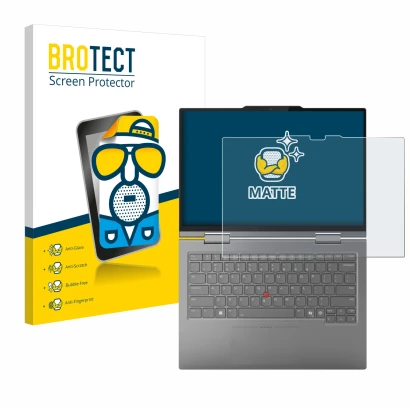 Face avant d’un emballage produit avec le logo de la marque BROTECT. À côté, l’appareil Lenovo ThinkPad X1 2-in-1 Gen 10 14" e