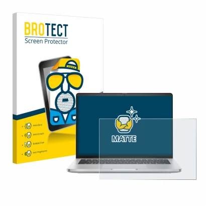 Face avant d’un emballage produit avec le logo de la marque BROTECT. À côté, l’appareil Dell Pro 14 Plus PB14250 est représent