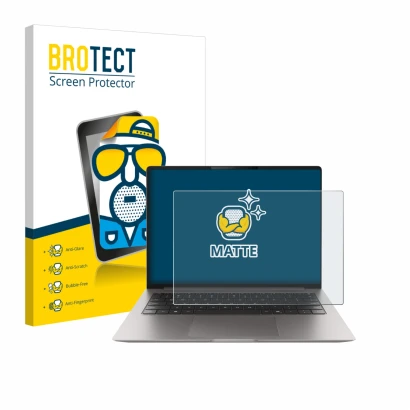 Face avant d’un emballage produit avec le logo de la marque BROTECT. À côté, l’appareil Honor MagicBook Pro 14 est représenté 