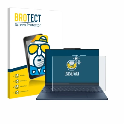 Face avant d’un emballage produit avec le logo de la marque BROTECT. À côté, l’appareil Lenovo Yoga Pro 9i Gen 10 Aura Edition