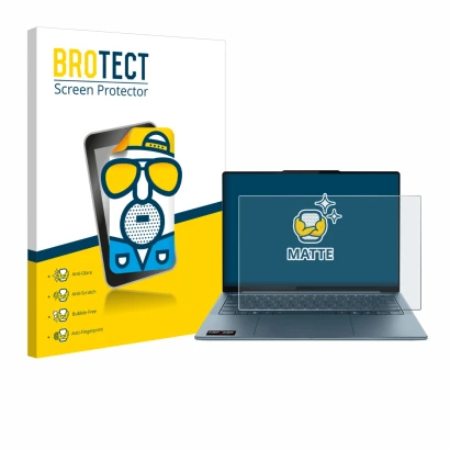 Face avant d’un emballage produit avec le logo de la marque BROTECT. À côté, l’appareil Lenovo Yoga Slim 7 Gen 10 14" Non-Touc