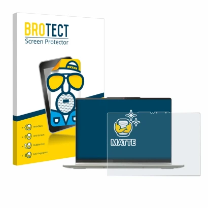 Face avant d’un emballage produit avec le logo de la marque BROTECT. À côté, l’appareil Lenovo Yoga 7 2-in-1 Gen 10 14